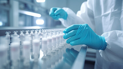 hand with sanitary gloves check Medical vials on production line at pharmaceutical factory, Pharmaceutical machine working pharmaceutical glass bottles production line, Generative Ai