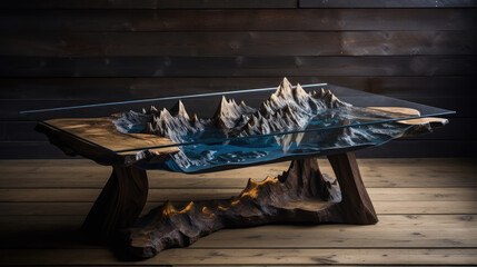 Wooden table with mountain, Generative AI