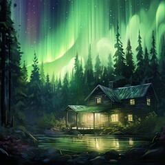 There is a cabin in the woods under a green aurora. (Generative AI)