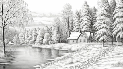 A snowy lake with trees and a house nearby. (Generative AI)