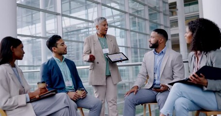 Business people, tablet and training workshop in an office with a speaker, coach or manager with statistics. Corporate men and women group presentation for diversity, discussion and graph on tech app