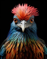 A colorful bird on a black background up close. (Generative AI)