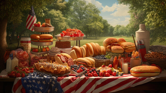 Hot dogs, corn and burgers on 4th of July picnic in patriotic theme ai generated art, Generative Ai