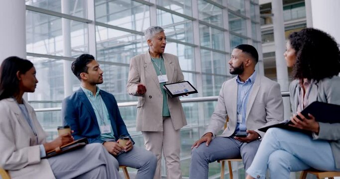 Business people, tablet and training workshop in an office with a speaker, coach or manager with statistics. Corporate men and women group presentation for diversity, discussion and graph on tech app