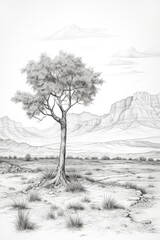 A solitary tree stands in a desert surrounded by mountains. (Generative AI)
