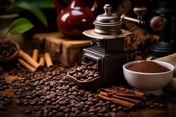 Coffee beans with coffee grinder Generative Ai