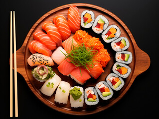 Sushi set on a wooden plate, isolated on black background.AI Generated