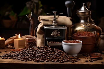 Obraz na płótnie Canvas Coffee beans with coffee grinder Generative Ai