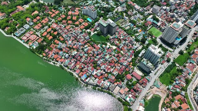 Cinematic top down shot of colorful houses in Hanoi, Vietnam, Asia, shot on Mavic 3 Classic in 4K, Drone