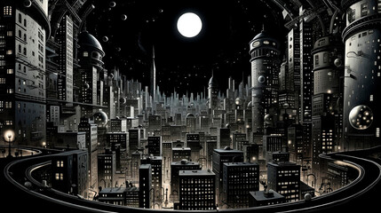 City at night with full moon in the sky, 3d illustration.AI generated