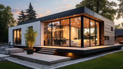 A modern minimalist house with clean lines, large windows, and a sleek facade design Generative AI