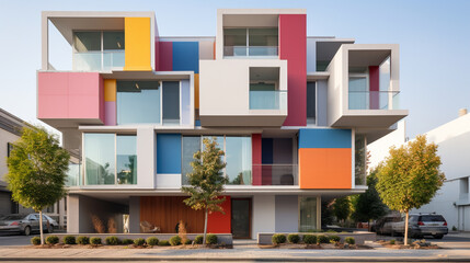 Fototapeta na wymiar A contemporary townhouse with an innovative facade, featuring geometric shapes and vibrant colors Generative AI