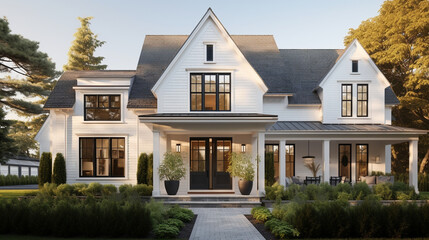 A traditional colonial-style home with symmetrical windows, white clapboard siding, and a timeless facade Generative AI