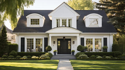 A traditional colonial-style home with symmetrical windows, white clapboard siding, and a timeless facade Generative AI