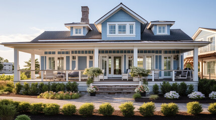 Fototapeta premium A coastal retreat with a nautical-inspired facade, featuring blue and white hues and beachy accents Generative AI