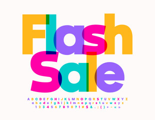 Vector promo badge Flash Sale. Bright Watercolor Font. Trendy Alphabet Letters and Numbers. 