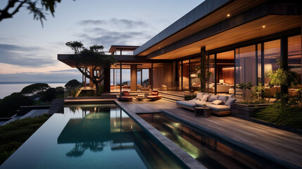 Fototapeta premium A contemporary coastal residence with a mix of wood and glass elements, embracing the views in its facade Generative AI