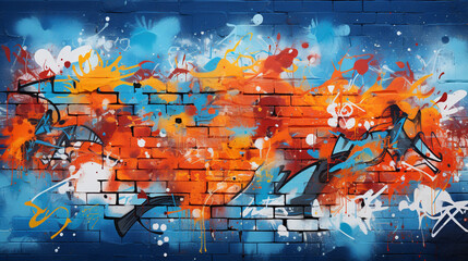 A close-up of a painted brick wall fragment with graffiti art, displaying urban creativity Generative AI