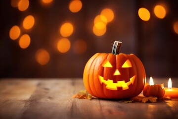 Naklejka na ściany i meble Halloween pumpkin with candlelight and bokeh background