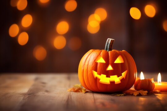 Halloween pumpkin with candlelight and bokeh background