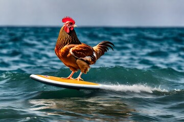 A real looking photo of a chicken rooster who is windsurfing in the carribean. Nice blue lagoon and sundown