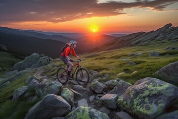 Fototapeta premium Cycling Amidst Nature's Beauty: Mountain Biking at Twilight