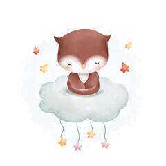 Watercolor illustration cute baby owl sleeps on cloud and stars
