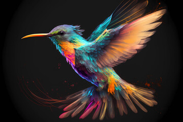 Flying hummingbird painted in neon watercolors