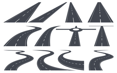 Roads and highways in perspective. Road path with different bends. The road connects the cities. Vector illustration - obrazy, fototapety, plakaty
