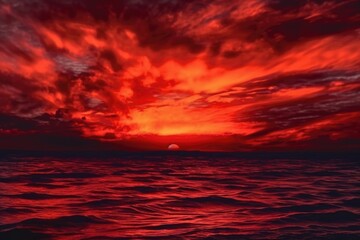 Naklejka na ściany i meble Intense Ocean Sunset: Gothic Dark Beauty and Tenebrism Atmosphere | Red Sky Over Water