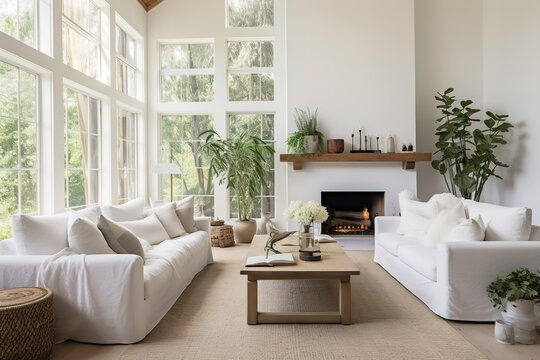 Stylish living room interior with beautiful house plants