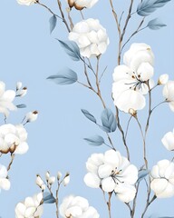 Gentle white flowers on a blue background tileable watercolor hand drawn seamless pattern created with Generative AI technology