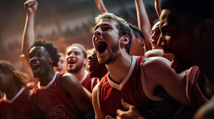 Dynamic Basketball Team Celebration with Vibrant Stadium Lights. Generative AI.