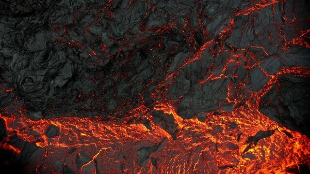 Aerial view of the texture of a solidifying lava field, close-up