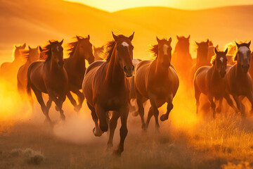 Graceful Wild Horses in Full Gallop Across the Landscape