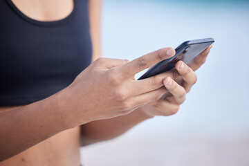 Fitness woman, phone and hands typing for communication, social media or outdoor networking. Closeup of female person chatting or texting on mobile smartphone app for online browsing or research