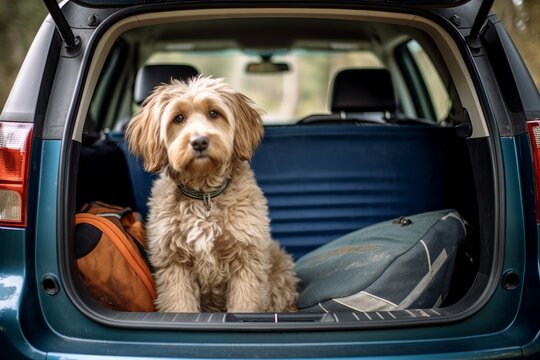 Dog sitting trunk car. Generate Ai