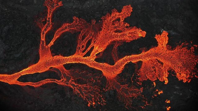 Aerial view of the texture of a solidifying lava field, close-up