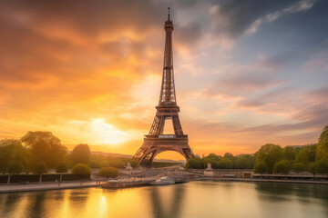Fototapeta na wymiar Eiffel Tower's Majestic Silhouette at Sunrise