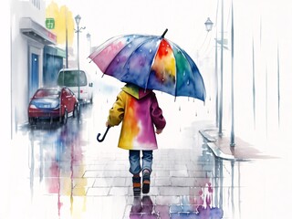 A little kid walking in the rain with an umbrella, watercolor art.