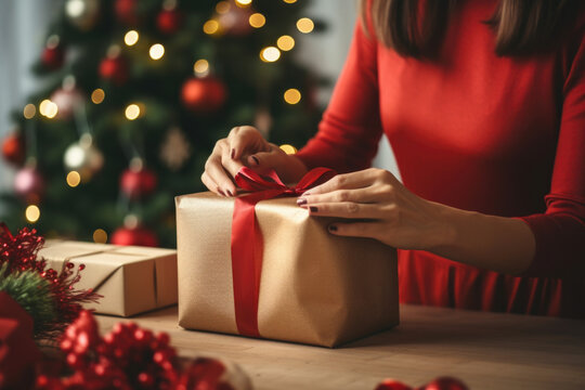  An unrecognizable woman is wrapping a Christmas gift in craft paper and a fir branch