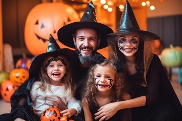 happy family mother father and children in costumes and makeup on a celebration of Halloween