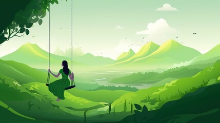 illsuatrtion of indian festival hariyali teej means green teej .woman enjoy the festival with swing in monsoon on beautiful landscape backdrop.illustration