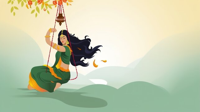 illsuatrtion of indian festival hariyali teej means green teej .woman enjoy the festival with swing in monsoon on beautiful landscape backdrop.illustration