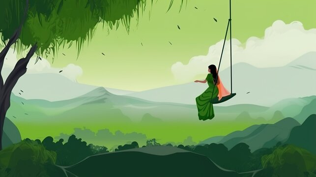 Illsuatrtion Of Indian Festival Hariyali Teej Means Green Teej .woman Enjoy The Festival With Swing In Monsoon On Beautiful Landscape Backdrop.illustration