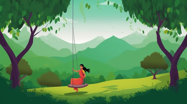 illsuatrtion of indian festival hariyali teej means green teej .woman enjoy the festival with swing in monsoon on beautiful landscape backdrop.illustration