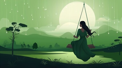 illsuatrtion of indian festival hariyali teej means green teej .woman enjoy the festival with swing in monsoon on beautiful landscape backdrop.illustration