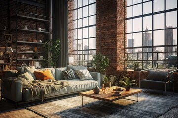 Stylish scandinavian living room with design furniture, plants, bamboo bookstand and wooden desk. Brown wooden parquet. Abstract painting on the white wall. Nice apartment,Generative AI