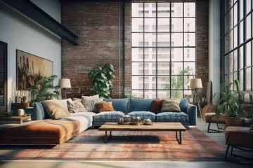 Stylish scandinavian living room with design furniture, plants, bamboo bookstand and wooden desk. Brown wooden parquet. Abstract painting on the white wall. Nice apartment,Generative AI