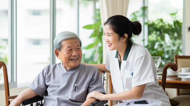 Young Asian nurse assisting a senior lady in a nursing home. Generative AI.